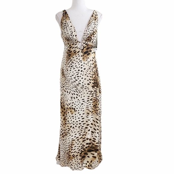 NATORI LEOPARD SATIN CUT OUT SLEEVELESS FULL LENGTH MAXI SLEEP SLIP GOWN DRESS - Picture 1 of 8
